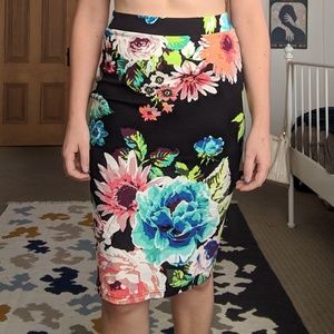 H&M Neon Floral Print Stretch Pencil Skirt